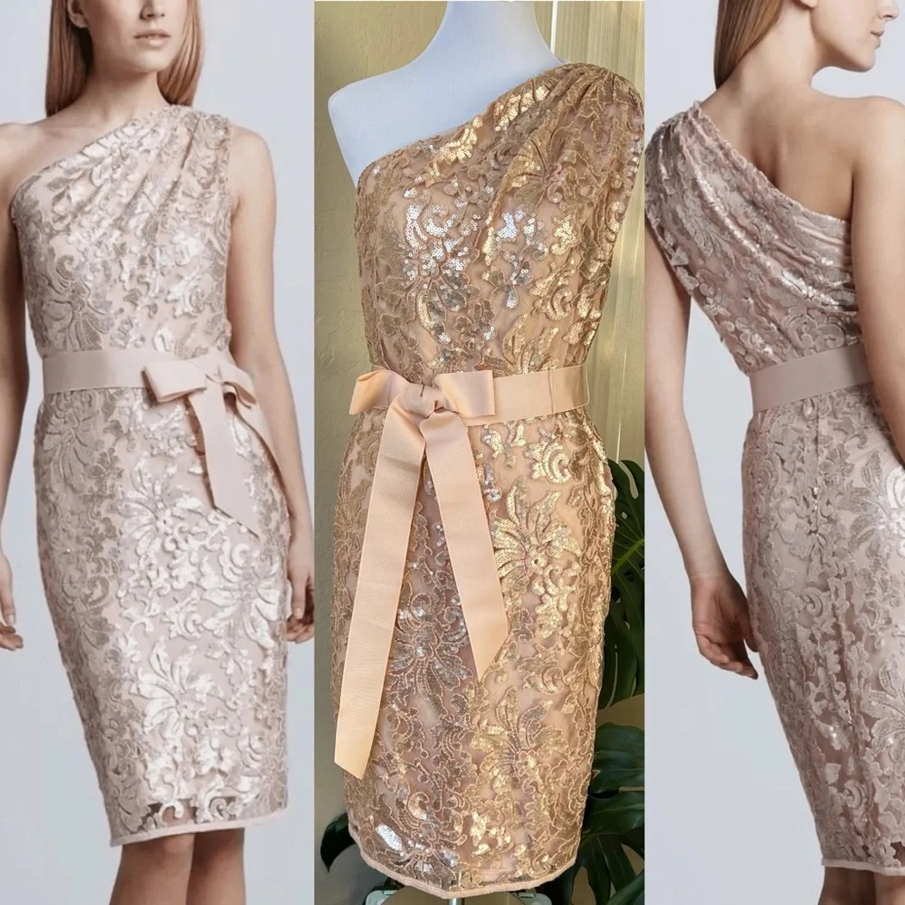 Tadashi Shoji $328 Champagne Sequined One Shoulder Knee Length Dress 12 - Picture 1 of 13